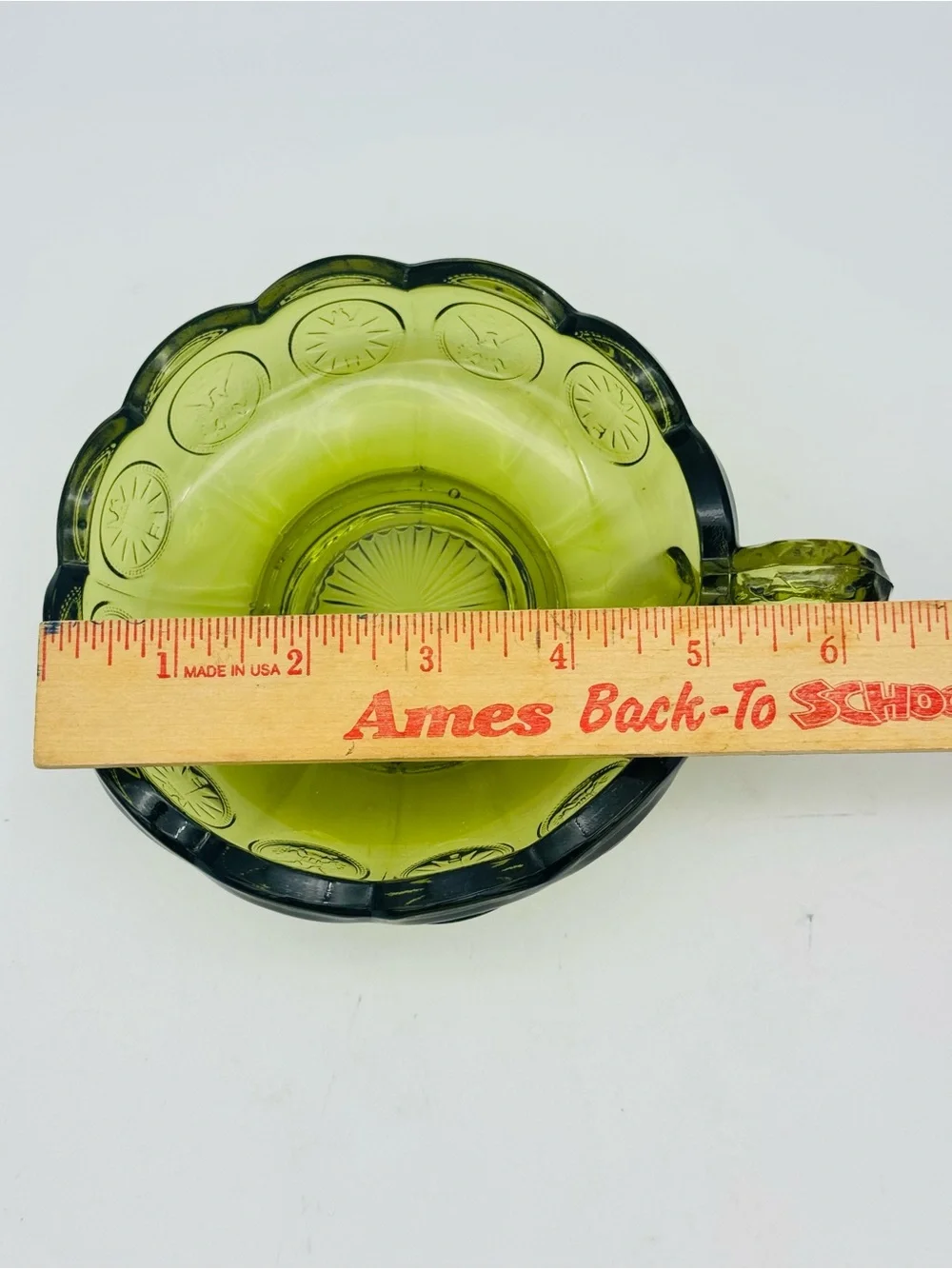 Vintage Fostoria Coin Glass Handled Nappy, Olive Green